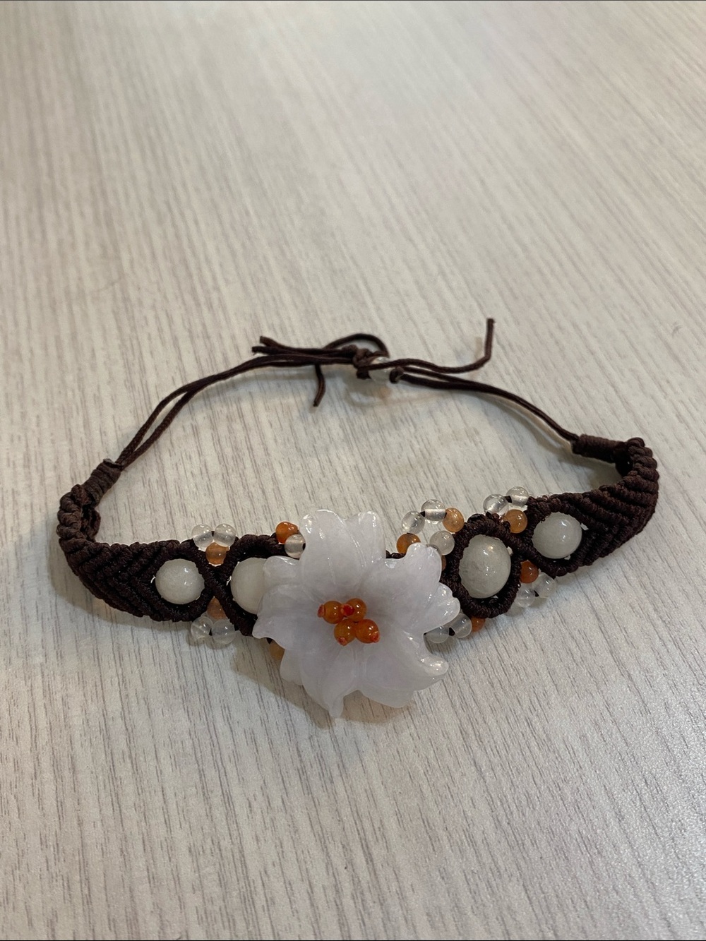 Handcrafted White Flower Beaded Stone Macramé Bracelet - Brown Cord